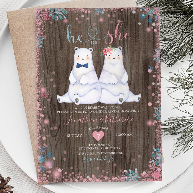 Wood Bear Gender Reveal He or She Snowflakes Invitation (Creator Uploaded)