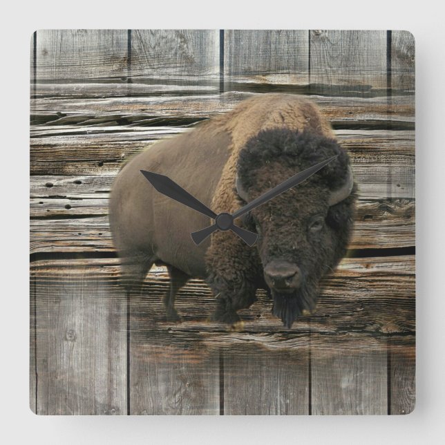Wood Bison Square Wall Clock (Front)