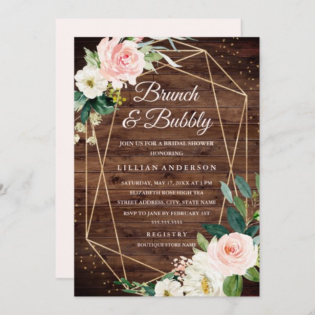 Wood Blush Floral Geometric Brunch And Bubbly Invitation (Front/Back)