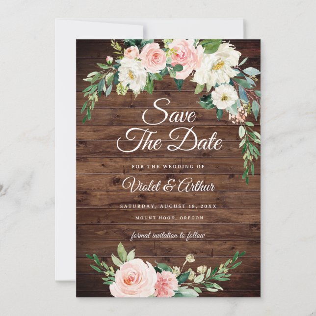 Wood Blush Floral Wreath Wedding Save The Date  Invitation (Front)
