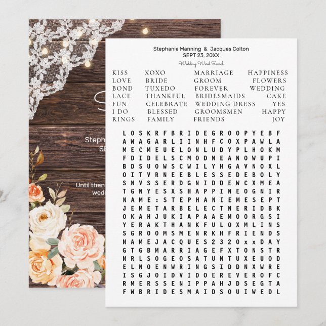 Wood Blush Peach Floral Save the Date Word Search Invitation (Front/Back)