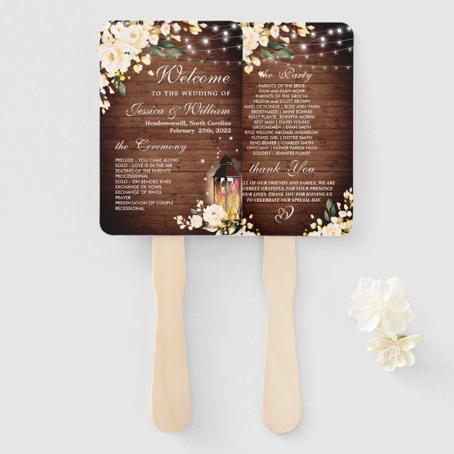 Wood & Blush Roses Floral Lantern Wedding Program Hand Fan (Front and Back)