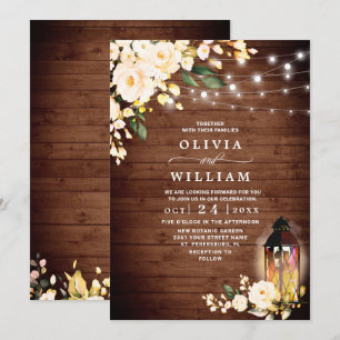 Wood Blush Roses Lantern Rustic Watercolor wedding Invitation