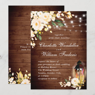 Wood & Blush Roses & Lantern Watercolor wedding Invitation