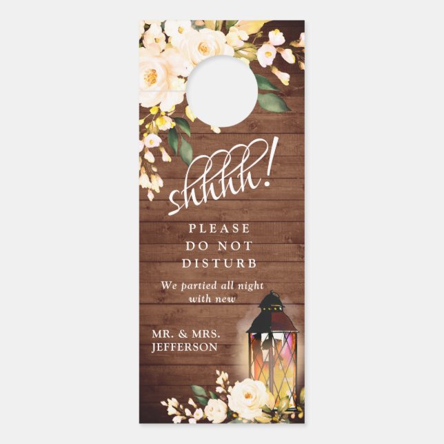 Wood & Blush Roses Wedding Welcome Do Not Disturb Door Hanger (Front)