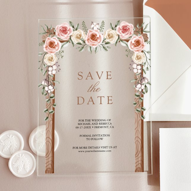 Wood Boho Floral Canopy Wedding Save the Date Acrylic Invitations (Creator Uploaded)