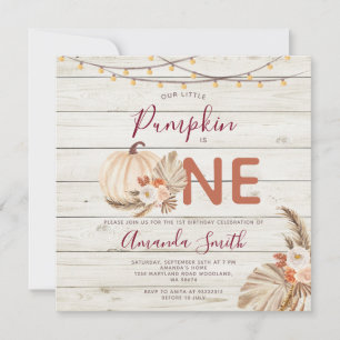 Wood Boho Pampas Grass Pumpkin Is One Birthday Invitation