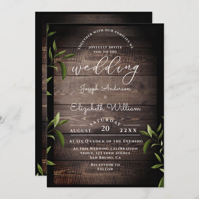 Wood Botanical Leaves& Greenery wedding Invitation (Front/Back)