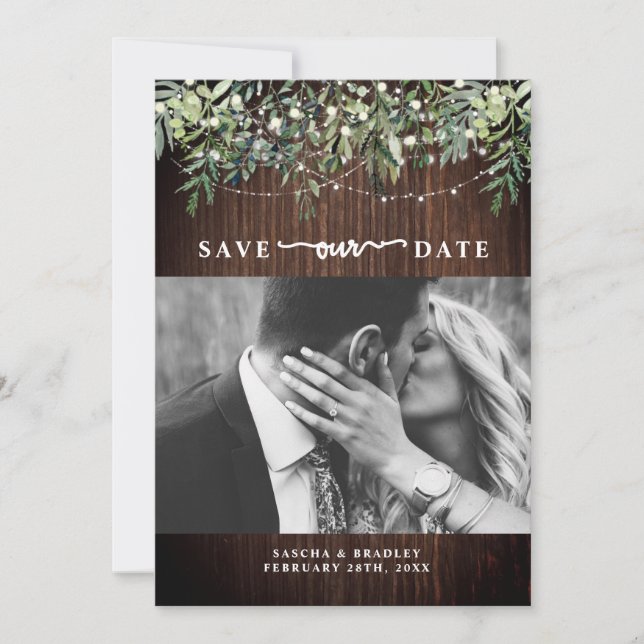 Wood Botanical String Lights Photo  Save The Date (Front)