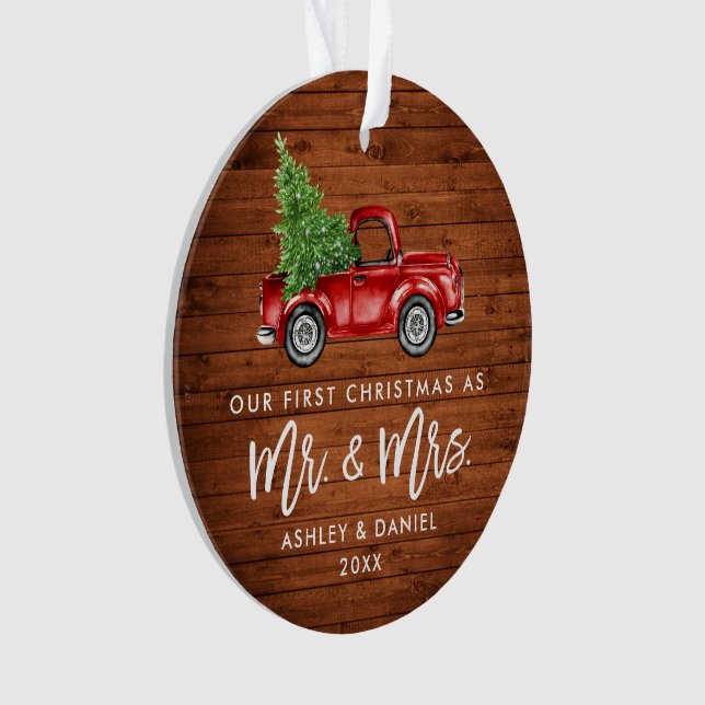 Wood Brush Script First Christmas Truck PHOTO BACK Ornament (Front)