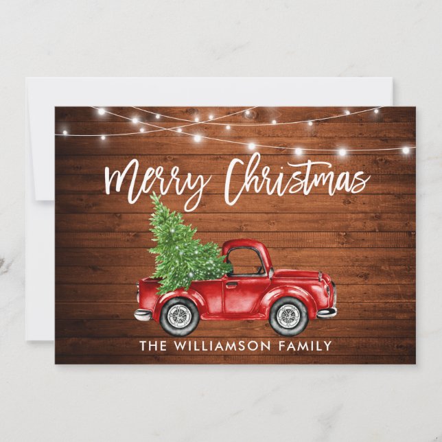 Wood Brush Script Lights Truck Christmas Tree Holiday Card (Front)