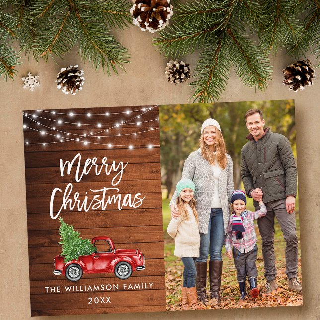 Wood Brush Script Lights Vintage Truck Christmas Postcard (Customize to change your personalized text size or text style.)