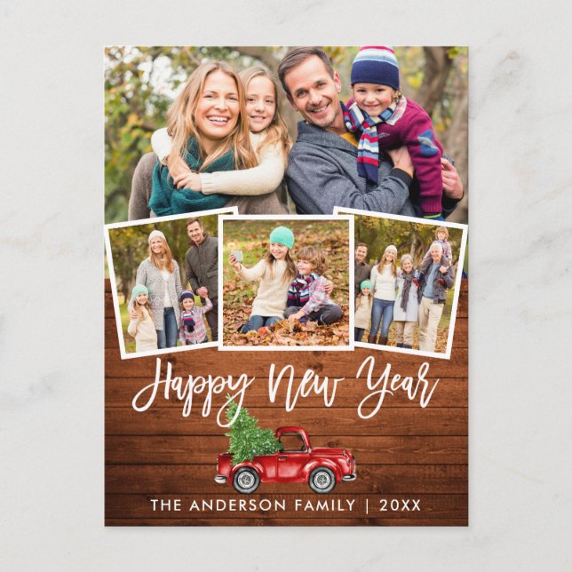 Wood Brush Script Red Truck New Year 4 Photo Postcard (Front)
