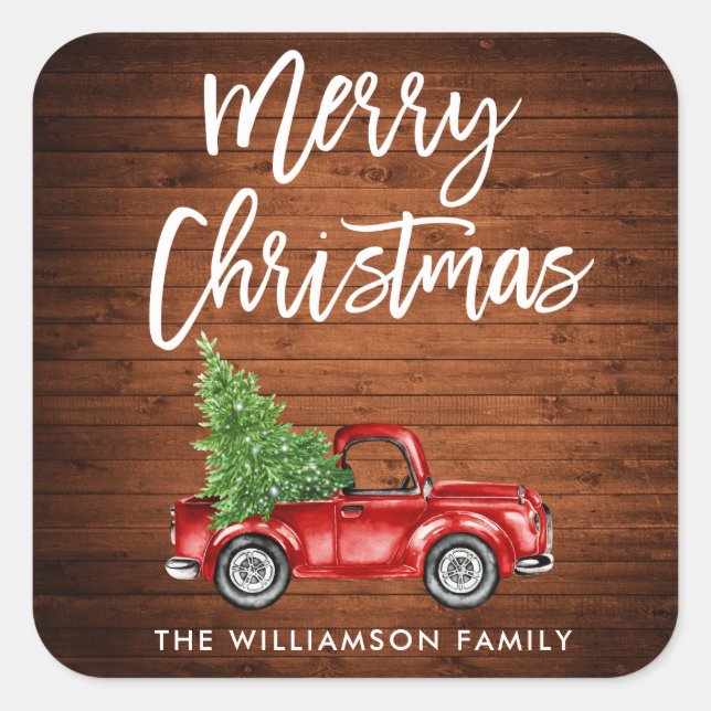 Wood Brush Script Truck Christmas Square Sticker (Front)