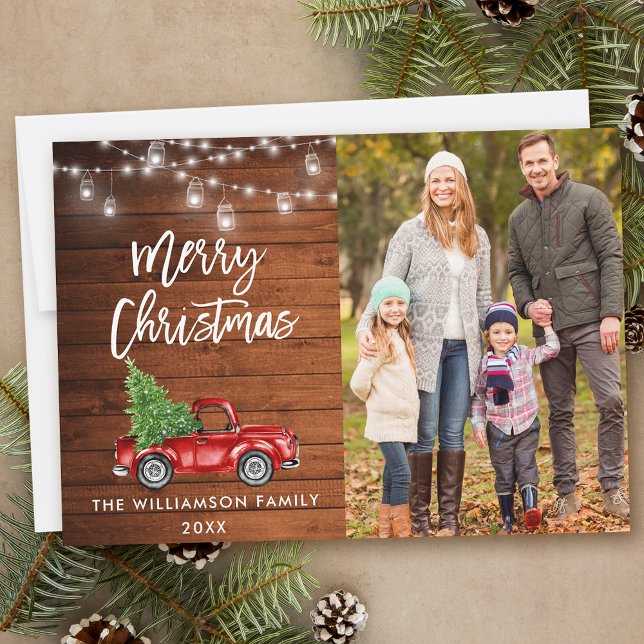 Wood Brush Script Truck Jar Lights Christmas Holiday Card (Customize to add text to back of card.)