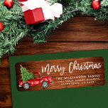 Wood Brush Script Vintage Truck Christmas Green Return Address Label<br><div class="desc">Rustic Wood - Brush Script Watercolor Vintage Red Truck with Christmas Tree - Merry Christmas Family Return Address Label</div>