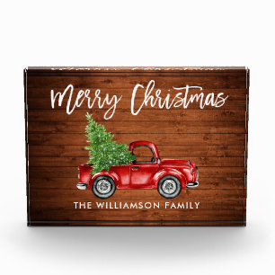 Wood Brush Script Vintage Truck Christmas Photo Block