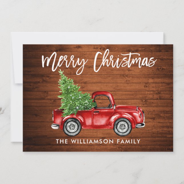 Wood Brush Script Vintage Truck Christmas Tree Holiday Card (Front)