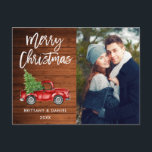 Wood Brush Script Vintage Truck Couple Christmas Postcard<br><div class="desc">Rustic Wood Brush Script Watercolor Vintage Red Truck with Christmas Tree - Merry Christmas Couple Photo Postcard</div>