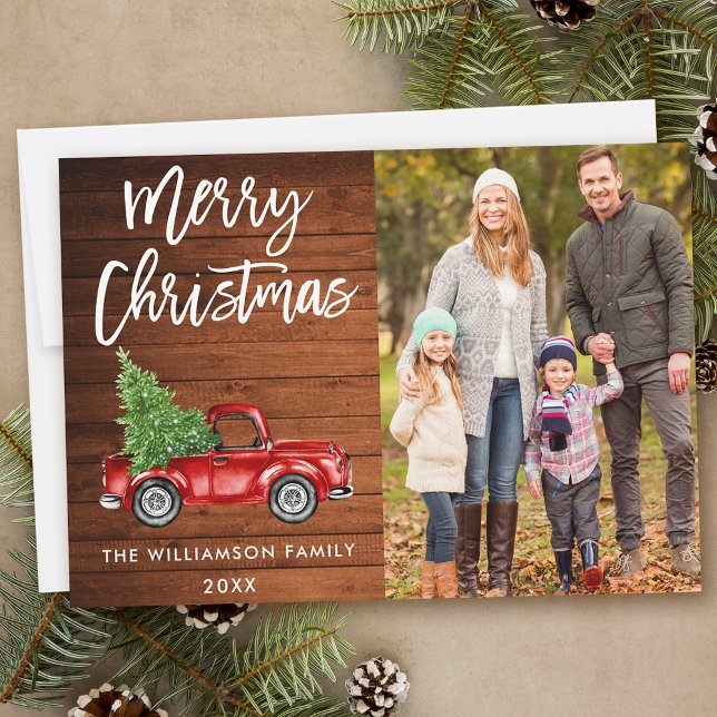 Wood Brush Script Vintage Truck Photo Christmas Holiday Card (Customize to add text to back of card.)