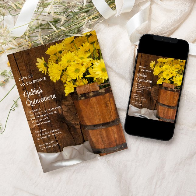 Wood Bucket and Yellow Daisies Quinceañera Party Invitation (Creator Uploaded)