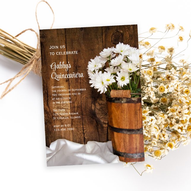 Wood Bucket White Daisies Quinceañera Barn Party Invitation (Creator Uploaded)