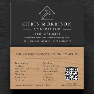 Wood Building Construction Black Silver QR Code Business Card