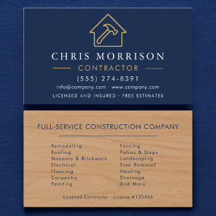 Wood Building Construction Contractor Navy Blue Business Card