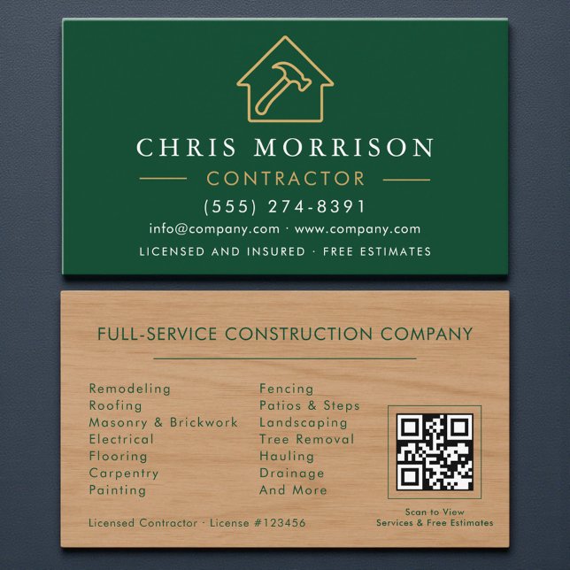 Wood Building Construction Green Gold QR Code Business Card (Creator Uploaded)