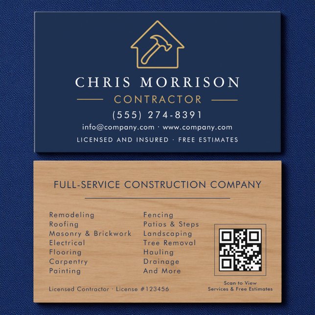 Wood Building Construction Navy Blue Gold QR Code Business Card (Creator Uploaded)