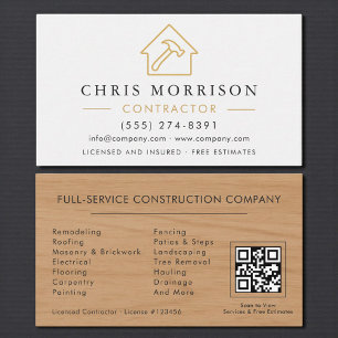 Wood Building Construction White Gold QR Code Business Card