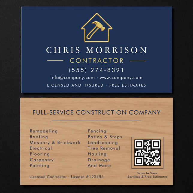 Wood Building Metallic Navy Blue Gold QR Code Business Card (Creator Uploaded)