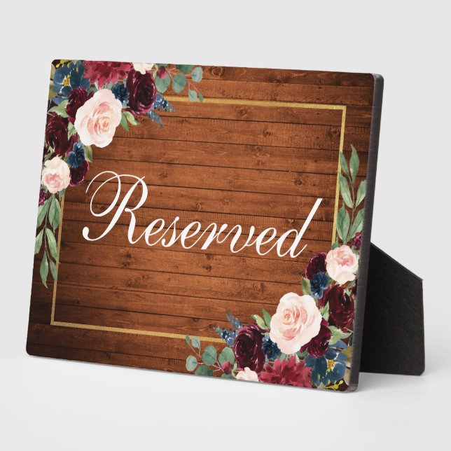 Wood Burgundy Blue Wedding Reserved 5x7 Table Plaque (Side)