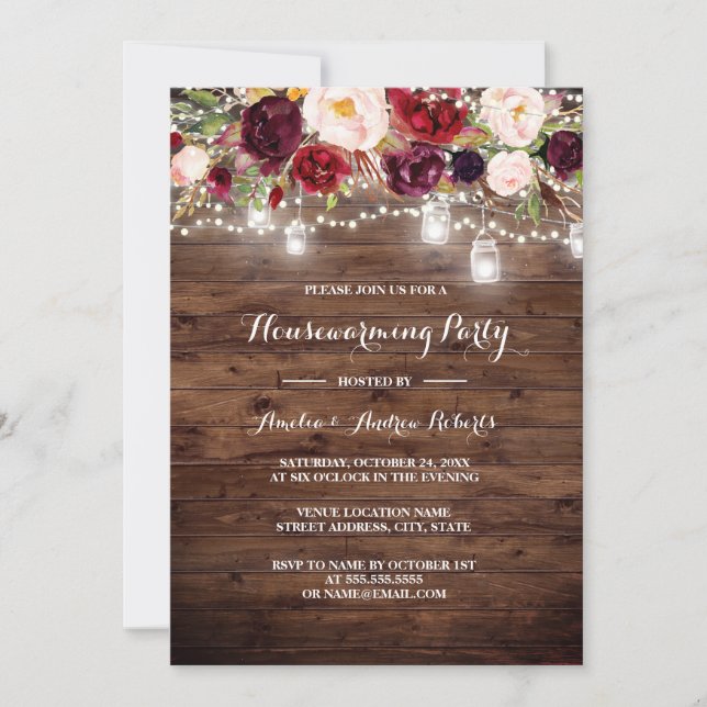 Wood Burgundy Floral Lights Housewarming Party Invitation (Front)