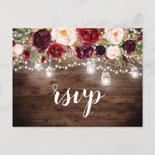 Wood Burgundy Floral Mason Jar String Lights RSVP Invitation Postcard
