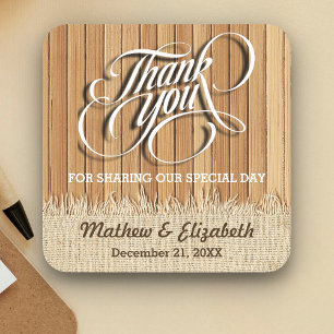 Wood Burlap Thank You Wedding Square Paper Coaster