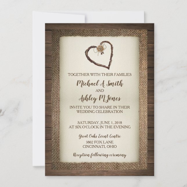Wood, Burlap & Twine Heart Wedding Invitation (Front)