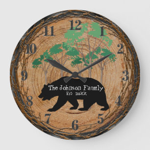 Wood Cabin with Black Bear Large Clock