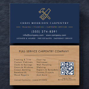 Wood Carpentry Service Hammer Saw QR Code Business Card