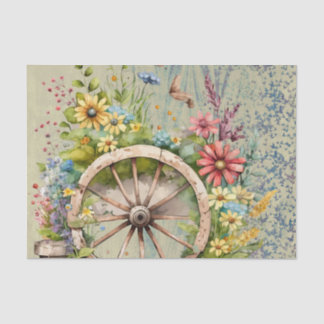 Wood Cart Filled Bright, Colourful Spring Flowers Tissue Paper