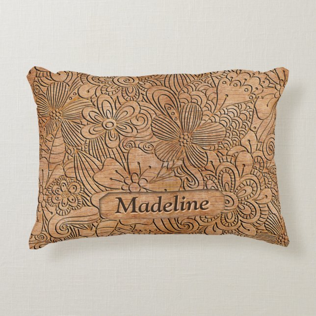 Wood Carvings Floral Pattern Personalized Decorative Cushion (Front)