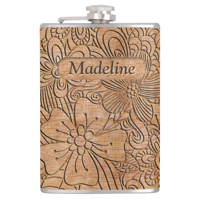 Wood Carvings Floral Pattern Personalized Hip Flask (Front)