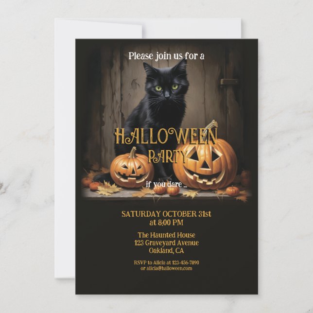 Wood Cat and Pumpkin Halloween Invitation (Front)