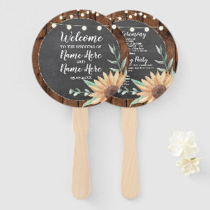 Wood Chalk Sunflowers Wedding Programme Hand Fan