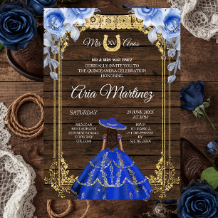 Wood Charro - Navy Roses Princess Mis Quince Invitation