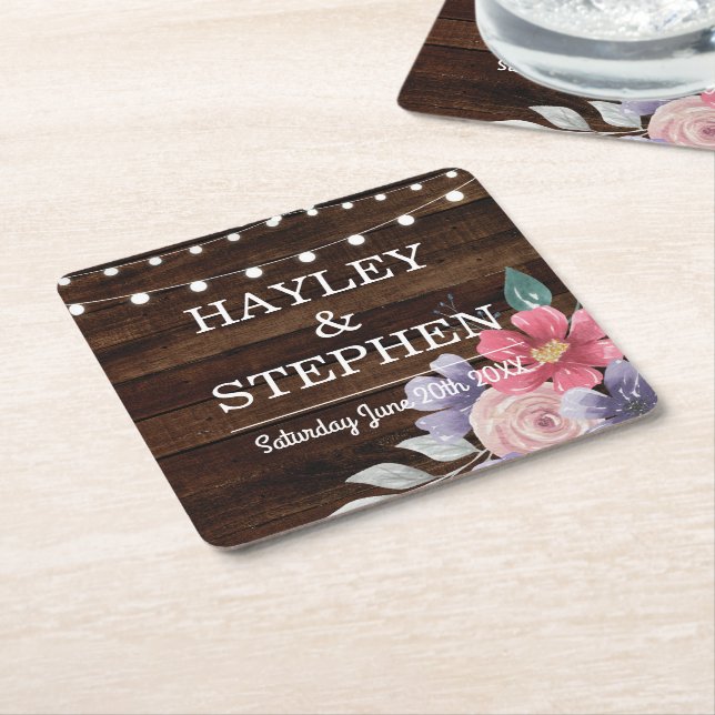 Wood Coasters Rustic Pink Flowers Wedding Party (Angled)