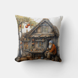 Wood cottage with apple tree Old man resting Cushion
