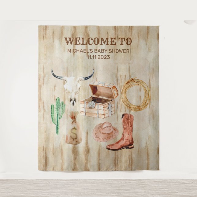 Wood Cowboy Baby Shower welcome backdrop Tapestry (Front)
