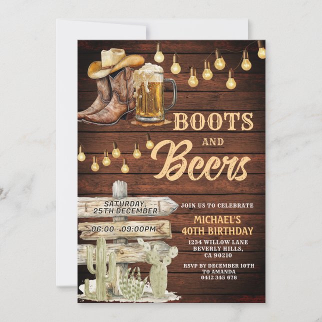 Wood Cowboy Boots & Beers Adult Birthday Party Invitation (Front)