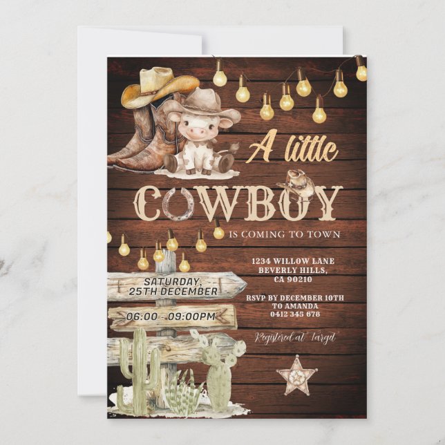Wood Cowboy Boots & Cactus Baby Shower Invitation (Front)